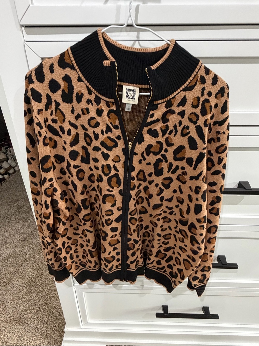 Anne Klein Leopard Print Zip-Front Women's Sweater - Tan/Black 1X